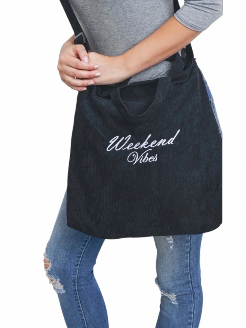 Corduroy Black Crossbody/Messenger Bag With “Weekend Vibes” Embroidered On Front
